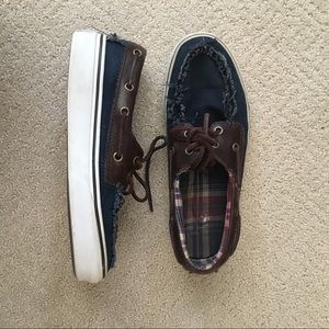 Navy Blue Brown Leather Boat Style Vans